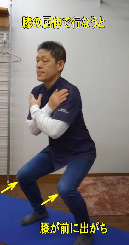 膝の屈伸で行なうと膝が前に出がち